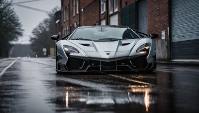 outdoors,blurry,tree,no humans,ground vehicle,building,scenery,motor vehicle,reflection,rain,car,road,vehicle focus,power lines,lamppost,street,utility pole,sports car,solo,sky,from side,window