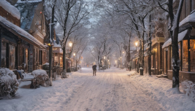 1boy, outdoors, tree, night, ground vehicle, building, scenery, snow, snowing, winter clothes, road, winter, lamppost, bare tree, street