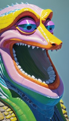 solo,open mouth,blue eyes,simple background,purple eyes,teeth,tongue,no humans,fangs,blue background,sharp teeth,slit pupils,portrait,colored sclera,scales,aqua background,looking at viewer,monster,pink skin