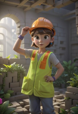 1girl,solo,looking at viewer,smile,short hair,brown hair,shirt,hat,brown eyes,jewelry,closed mouth,standing,white shirt,short sleeves,earrings,outdoors,pants,indoors,vest,lips,hand on hip,leaf,plant,wristband,child,adjusting clothes,hand on headwear,female child,potted plant,adjusting headwear,1boy,flower,male focus,parted lips,arm up,bracelet,sunlight,stairs,green shirt,overalls,male child