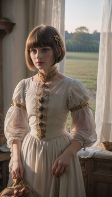 1girl,solo,short hair,bangs,blue eyes,brown hair,black hair,hair ornament,long sleeves,dress,holding,brown eyes,jewelry,standing,outdoors,parted lips,food,choker,day,puffy sleeves,indoors,blunt bangs,necklace,white dress,blurry,black eyes,lips,looking to the side,window,fruit,blurry background,looking away,bob cut,curtains,gem,corset,puffy long sleeves,realistic,nose,apple,basket,cross-laced clothes,holding basket,closed mouth,collarbone,flower,flat chest,watermark