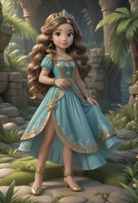 1girl,solo,long hair,breasts,looking at viewer,smile,brown hair,dress,brown eyes,jewelry,very long hair,closed mouth,green eyes,standing,collarbone,full body,short sleeves,small breasts,outdoors,puffy sleeves,artist name,dark skin,necklace,blurry,high heels,bracelet,dark-skinned female,tree,puffy short sleeves,lips,blue dress,watermark,wavy hair,grass,tiara,crown,plant,gem,curly hair,skirt hold,anklet,princess,aqua dress,shoes,rock,long dress