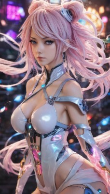 1girl,solo,long hair,breasts,looking at viewer,bangs,blue eyes,large breasts,hair ornament,gloves,navel,cleavage,bare shoulders,twintails,jewelry,medium breasts,very long hair,pink hair,cowboy shot,earrings,elbow gloves,hair bun,blurry,leotard,lips,clothing cutout,double bun,floating hair,blurry background,revealing clothes,science fiction,white leotard,closed mouth,artist name,signature,mole,eyelashes,expressionless,mole on breast,realistic,nose