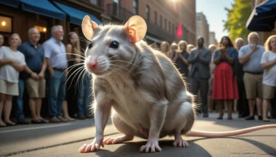 HQ,blue eyes,skirt,shirt,standing,tail,outdoors,multiple boys,shorts,day,blurry,tree,no humans,blurry background,red skirt,animal,cat,blue shirt,building,6+boys,long skirt,realistic,mouse ears,mouse tail,animal focus,mouse,street,crowd,whiskers,people,looking at viewer,multiple girls,white shirt,sky,bag,depth of field,child,faceless,faceless male,handbag,city,bald,old,old man,oversized animal