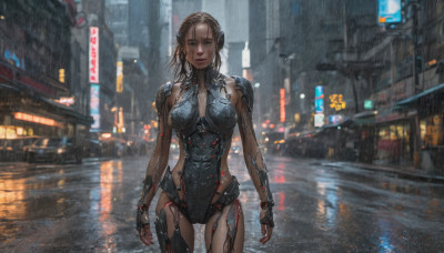 1girl, solo, breasts, looking at viewer, brown hair, gloves, medium breasts, standing, outdoors, fingerless gloves, lips, wet, bodysuit, night, building, science fiction, rain, city, realistic, cyborg, cyberpunk