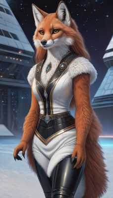 1girl,solo,long hair,breasts,looking at viewer,animal ears,jewelry,medium breasts,standing,tail,yellow eyes,cowboy shot,outdoors,sky,belt,pants,artist name,vest,orange eyes,fur trim,night,brooch,building,gem,star (sky),night sky,claws,furry,starry sky,colored sclera,animal hands,city,furry female,black sclera,body fur,fur,snout,red gemstone,fluffy,orange fur,fox ears,fox tail,brown fur