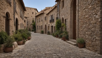 outdoors,sky,day,tree,blue sky,no humans,window,plant,building,scenery,door,potted plant,road,bush,wall,house,street,flower pot,town,pavement,shadow,stairs,architecture,path,arch