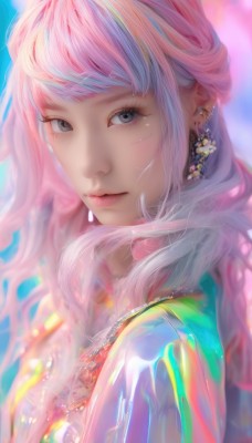 1girl,solo,long hair,looking at viewer,smile,bangs,jewelry,closed mouth,upper body,pink hair,multicolored hair,earrings,necklace,blurry,black eyes,from side,lips,grey eyes,eyelashes,makeup,blurry background,piercing,ear piercing,nose,blue background,gem,portrait,realistic