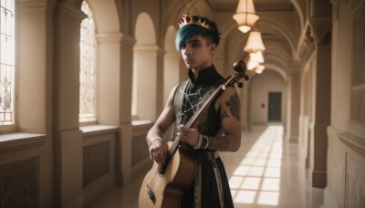 solo,short hair,1boy,holding,bare shoulders,jewelry,closed mouth,blue hair,standing,male focus,earrings,sleeveless,indoors,dark skin,blurry,bracelet,window,tattoo,piercing,sunlight,dark-skinned male,ring,crown,instrument,music,arm tattoo,shoulder tattoo,playing instrument,holding instrument,pillar,violin,church,arch,bangs,black hair,long sleeves,brown eyes,cowboy shot,parted lips,day,pants,necklace,black eyes,lips,gem,guitar,light