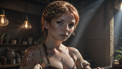 1girl,solo,breasts,looking at viewer,short hair,blue eyes,blonde hair,brown hair,cleavage,bare shoulders,jewelry,medium breasts,collarbone,upper body,parted lips,indoors,blurry,lips,grey eyes,eyelashes,depth of field,blurry background,sunlight,plant,messy hair,freckles,light rays,realistic,nose,potted plant,light,dirty,dirty face,earrings,necklace,light bulb