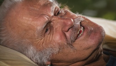 solo,open mouth,1boy,white hair,male focus,teeth,blurry,blurry background,facial hair,portrait,beard,close-up,realistic,mustache,smoking,bald,old,old man,wrinkled skin,looking at viewer,grey hair,manly