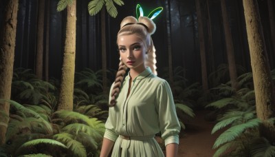 1girl,solo,long hair,looking at viewer,blonde hair,brown hair,hair ornament,long sleeves,dress,brown eyes,closed mouth,upper body,braid,outdoors,belt,dark skin,hair bun,dark-skinned female,tree,lips,single braid,makeup,leaf,plant,lipstick,nature,hair over shoulder,sleeves rolled up,forest,arms at sides,red lips,feather hair ornament,sleeves past elbows,multiple braids,breasts,blue eyes,skirt,shirt,standing,white shirt,collared shirt,night,forehead,nose,green shirt,bush,dreadlocks