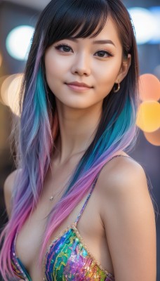 1girl,solo,long hair,breasts,looking at viewer,smile,bangs,black hair,bare shoulders,brown eyes,jewelry,medium breasts,closed mouth,blue hair,swimsuit,upper body,pink hair,bikini,multicolored hair,earrings,small breasts,necklace,blurry,black eyes,two-tone hair,lips,eyelashes,gradient hair,depth of field,blurry background,swept bangs,watermark,web address,multicolored clothes,realistic,nose,bokeh,multicolored bikini,brown hair,cleavage,collarbone,purple hair,artist name,makeup,bikini top only,hoop earrings,pink lips,print bikini