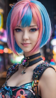 1girl,solo,breasts,looking at viewer,smile,short hair,bangs,blue eyes,cleavage,bare shoulders,jewelry,medium breasts,closed mouth,blue hair,upper body,pink hair,multicolored hair,earrings,sleeveless,choker,necklace,blurry,two-tone hair,lips,grey eyes,eyelashes,makeup,depth of field,blurry background,bob cut,lipstick,gem,eyeshadow,pink lips,realistic,nose,eyeliner,split-color hair,bokeh,mascara,shirt,collarbone,artist name,signature,collar,from side,streaked hair,detached collar,night,swept bangs,watermark,light smile,brooch,portrait,web address,lens flare,strap,badge,button badge