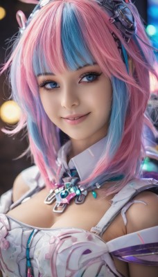 1girl,solo,breasts,looking at viewer,smile,bangs,blue eyes,hair ornament,dress,cleavage,bare shoulders,jewelry,medium breasts,blue hair,upper body,pink hair,multicolored hair,parted lips,blunt bangs,necklace,blurry,two-tone hair,lips,streaked hair,eyelashes,makeup,detached collar,blurry background,portrait,realistic,short hair,teeth,eyeshadow,nose