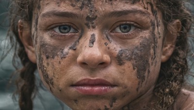 1girl,solo,looking at viewer,brown hair,closed mouth,braid,lips,grey eyes,portrait,close-up,freckles,realistic,nose,dirty,1boy,male focus,parted lips,artist name,signature,blurry,eyelashes,dirty face