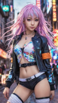 1girl,solo,long hair,breasts,looking at viewer,blue eyes,thighhighs,navel,cleavage,jewelry,medium breasts,standing,jacket,pink hair,cowboy shot,earrings,shorts,midriff,belt,necklace,nail polish,blurry,open jacket,lips,black jacket,short shorts,blurry background,bandages,black shorts,piercing,ear piercing,contrapposto,realistic,leather,bandaged leg,navel piercing,bangs,long sleeves,purple eyes,collarbone,multicolored hair,outdoors,parted lips,open clothes,signature,stomach,mole,white thighhighs,crop top,makeup,floating hair,depth of field,black nails,buckle,city,leather jacket