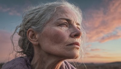 1girl,solo,closed mouth,white hair,grey hair,outdoors,sky,cloud,blurry,lips,grey eyes,depth of field,blurry background,looking away,looking up,messy hair,portrait,sunset,realistic,nose,looking afar,old,old woman,wrinkled skin,1boy,male focus,facial hair,scar,cloudy sky,old man