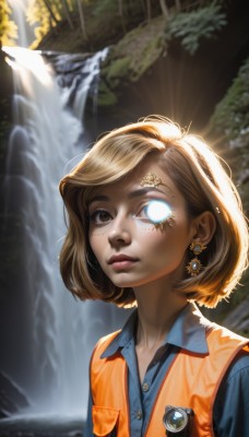 1girl,solo,looking at viewer,short hair,bangs,blonde hair,brown hair,shirt,brown eyes,jewelry,closed mouth,upper body,earrings,outdoors,collared shirt,artist name,water,blurry,vest,lips,eyelashes,makeup,buttons,glowing,bob cut,thick eyebrows,blue shirt,wing collar,lipstick,freckles,pocket,realistic,nose,blue vest,badge,monocle,waterfall,blue eyes,watermark,sunlight,glowing eyes