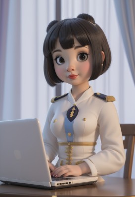 1girl,solo,breasts,looking at viewer,smile,short hair,bangs,brown hair,black hair,long sleeves,brown eyes,sitting,closed mouth,white shirt,upper body,necktie,indoors,blunt bangs,hair bun,nail polish,blurry,uniform,black eyes,lips,military,double bun,military uniform,makeup,buttons,blurry background,chair,table,bob cut,lipstick,curtains,epaulettes,realistic,red lips,computer,laptop,aiguillette,jewelry,medium breasts,earrings,small breasts,eyelashes,window,watermark,web address,corset,nose