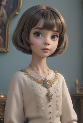 1girl,solo,looking at viewer,short hair,bangs,brown hair,shirt,long sleeves,dress,brown eyes,jewelry,collarbone,white shirt,upper body,parted lips,indoors,blunt bangs,necklace,blurry,black eyes,lips,eyelashes,depth of field,blurry background,bob cut,brooch,gem,pendant,freckles,realistic,nose,picture frame,painting (object),earrings,artist name,white dress,makeup,mirror,red lips,green gemstone,portrait (object)