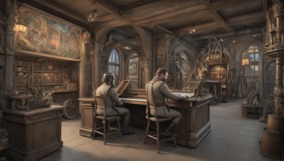 short hair,brown hair,black hair,gloves,long sleeves,hat,sitting,jacket,male focus,boots,multiple boys,glasses,pants,indoors,2boys,black footwear,looking at another,vest,cup,book,window,facial hair,chair,table,scenery,beard,desk,lantern,wooden floor,paper,white pants,grey jacket,mustache,clock,bookshelf,tiles,lamp,candle,grey pants,tile floor,map,ceiling,globe,crate,fantasy