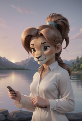 1girl,solo,long hair,breasts,smile,bangs,brown hair,shirt,long sleeves,holding,animal ears,brown eyes,standing,collarbone,white shirt,upper body,ponytail,small breasts,outdoors,sky,teeth,day,collared shirt,belt,artist name,cloud,signature,water,grin,blurry,tree,depth of field,blurry background,phone,happy,cellphone,smartphone,furry,backlighting,reflection,holding phone,sunset,rock,mountain,hair tie,furry female,body fur,animal nose,river,whiskers,mountainous horizon,snout,lake,buck teeth,blush,braid,buttons,freckles