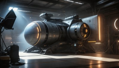 HQ,indoors,signature,military,no humans,window,glowing,robot,scenery,mecha,machinery,science fiction,realistic,camera,light,cable,spacecraft,lights,reflection,light rays