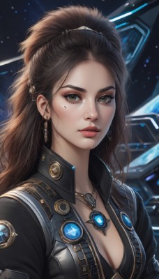 1girl,solo,long hair,breasts,looking at viewer,brown hair,cleavage,brown eyes,jewelry,medium breasts,closed mouth,underwear,jacket,upper body,ponytail,earrings,open clothes,necklace,bra,mole,lips,black jacket,eyelashes,mole under eye,makeup,forehead,freckles,science fiction,realistic,nose,space,hair pulled back,artist name,bodysuit,pendant,eyeliner