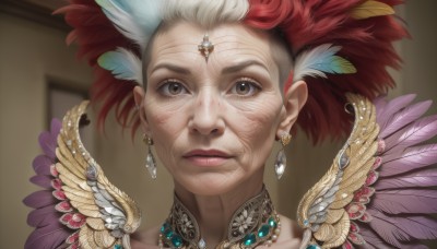 1girl,solo,looking at viewer,short hair,hair ornament,brown eyes,jewelry,closed mouth,white hair,red hair,multicolored hair,earrings,choker,necklace,blurry,two-tone hair,lips,makeup,blurry background,feathers,gem,portrait,realistic,nose,feather hair ornament,old,old man,old woman,wrinkled skin,eyelashes