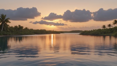 outdoors,sky,cloud,water,tree,no humans,ocean,beach,sunlight,cloudy sky,nature,scenery,reflection,sunset,palm tree,sun,horizon,evening,lake,reflective water,forest,sand,shore,island