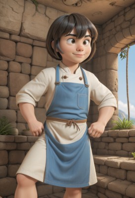 1girl,solo,smile,short hair,bangs,brown hair,shirt,black hair,long sleeves,1boy,brown eyes,closed mouth,standing,white shirt,male focus,outdoors,sky,shorts,day,apron,blue sky,feet out of frame,thick eyebrows,child,androgynous,hands on hips,female child,overalls,male child,wall,brick wall,stone wall,clenched hand,sleeves rolled up,clenched hands