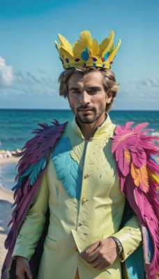 solo,looking at viewer,smile,brown hair,long sleeves,1boy,brown eyes,closed mouth,standing,jacket,upper body,male focus,outdoors,sky,day,water,cape,blurry,blue sky,buttons,blurry background,facial hair,ocean,beach,formal,feathers,crown,beard,watch,realistic,mustache,wristwatch,short hair,blonde hair,shirt,vest,lips,coat