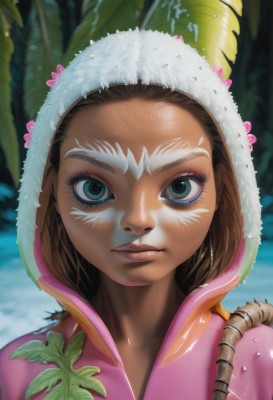 1girl,solo,looking at viewer,blue eyes,brown hair,closed mouth,green eyes,flower,outdoors,artist name,dark skin,hood,water,blurry,aqua eyes,dark-skinned female,tree,lips,wet,fur trim,eyelashes,makeup,blurry background,leaf,facial mark,plant,portrait,nature,web address,close-up,eyeshadow,hood up,realistic,nose,eyeliner,facepaint,mascara