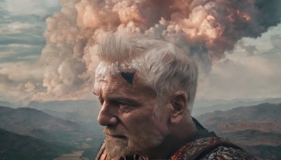 solo,1boy,closed mouth,closed eyes,white hair,male focus,outdoors,sky,day,cloud,from side,profile,facial hair,cloudy sky,portrait,beard,smoke,mountain,realistic,mustache,manly,old,old man,armor,fire,scenery,landscape