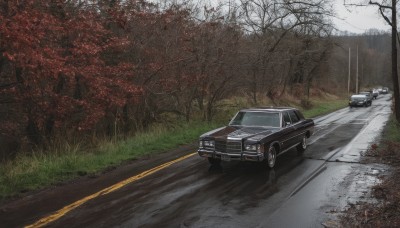 outdoors,day,tree,no humans,grass,ground vehicle,nature,scenery,motor vehicle,forest,car,road,autumn leaves,vehicle focus,autumn,sports car,sky,leaf,realistic