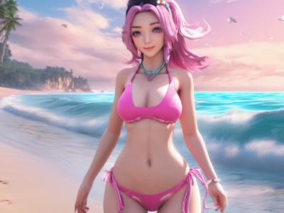 1girl,solo,long hair,breasts,looking at viewer,smile,large breasts,hair ornament,navel,cleavage,bare shoulders,jewelry,medium breasts,closed mouth,standing,collarbone,swimsuit,ponytail,pink hair,bikini,cowboy shot,outdoors,sky,day,artist name,cloud,water,necklace,stomach,bracelet,tree,lips,grey eyes,side-tie bikini bottom,bird,ocean,halterneck,watermark,beach,sunglasses,web address,eyewear on head,beads,sunset,pink lips,sand,palm tree,arms at sides,pink bikini,bead bracelet,shore,blue eyes,hat,multicolored hair,signature,two-tone hair,cloudy sky,waves