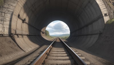 outdoors,sky,day,cloud,tree,blue sky,no humans,shadow,sunlight,cloudy sky,grass,scenery,stairs,road,bridge,railroad tracks,mountain,watercraft,landscape,desert