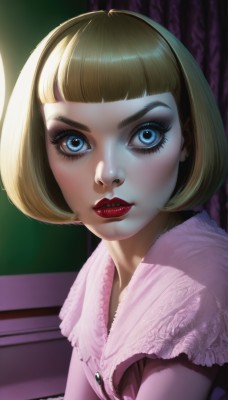 1girl,solo,looking at viewer,short hair,bangs,blue eyes,blonde hair,jewelry,upper body,hairband,earrings,parted lips,teeth,blunt bangs,lips,eyelashes,makeup,bob cut,lipstick,portrait,eyeshadow,realistic,nose,red lips,mascara,eyeliner