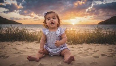 1girl,solo,looking at viewer,short hair,open mouth,brown hair,dress,brown eyes,sitting,underwear,panties,full body,outdoors,sky,barefoot,teeth,cloud,spread legs,water,feet,loli,toes,blue dress,upper teeth only,beach,soles,cloudy sky,child,sunset,realistic,sun,female child,on ground,dirty,dirty feet,hair ornament,flower,hair flower,ocean,grass,aged down,sand,baby,dirty clothes