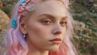 1girl,solo,long hair,looking at viewer,blue eyes,hair ornament,jewelry,green eyes,pink hair,braid,flower,earrings,hair flower,blurry,lips,grey eyes,blurry background,portrait,close-up,freckles,realistic,nose,multicolored hair,parted lips,eyelashes