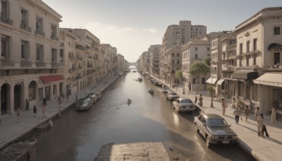 outdoors,multiple boys,sky,day,water,tree,no humans,ground vehicle,building,scenery,motor vehicle,6+boys,city,car,road,watercraft,house,bridge,street,river,boat,truck,real world location,multiple girls,6+girls,walking,cityscape,people