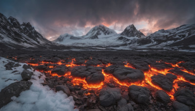 outdoors, sky, cloud, no humans, cloudy sky, fire, scenery, rock, mountain, landscape, molten rock