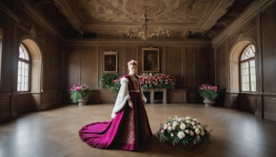 1girl,solo,long hair,looking at viewer,short hair,bangs,blonde hair,brown hair,hair ornament,long sleeves,dress,standing,flower,indoors,hair flower,wide sleeves,window,profile,rose,sunlight,plant,white flower,scenery,pink flower,wooden floor,door,long dress,arms at sides,potted plant,candle,wide shot,pink rose,vase,painting (object),carpet,arch,chandelier,hat,table