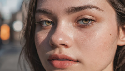 1girl, solo, looking at viewer, brown hair, brown eyes, parted lips, mole, blurry, lips, eyelashes, depth of field, blurry background, portrait, close-up, freckles, realistic, nose