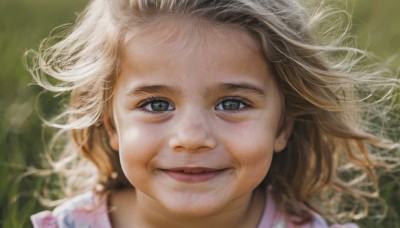 1girl,solo,long hair,looking at viewer,smile,open mouth,blue eyes,blonde hair,brown hair,parted lips,blurry,lips,grey eyes,floating hair,wind,messy hair,portrait,close-up,realistic,old woman,brown eyes,closed mouth,green eyes,nose