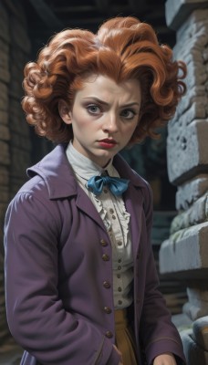 1girl,solo,looking at viewer,short hair,skirt,brown hair,shirt,long sleeves,bow,brown eyes,jacket,white shirt,open clothes,bowtie,orange hair,blurry,lips,coat,grey eyes,makeup,buttons,blurry background,lipstick,freckles,curly hair,hand in pocket,realistic,nose,purple jacket,purple coat,afro,green eyes,frills,blue bow,red lips,dirty