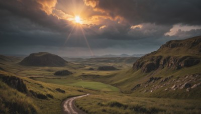 outdoors,sky,day,cloud,no humans,sunlight,cloudy sky,grass,nature,scenery,sunset,mountain,sun,road,field,river,landscape,mountainous horizon,hill,blue sky,light rays,rock,horizon,path