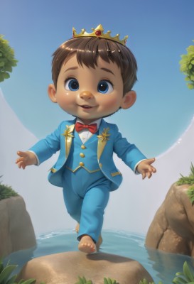 solo,looking at viewer,smile,short hair,open mouth,blue eyes,brown hair,shirt,long sleeves,1boy,bow,jacket,full body,male focus,outdoors,sky,barefoot,day,pants,bowtie,water,vest,red bow,tree,blue sky,formal,suit,outstretched arms,crown,blue jacket,red bowtie,child,walking,rock,blue pants,male child,blue vest,teeth,tiara