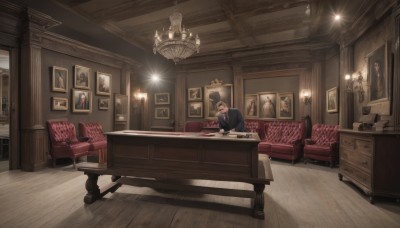 solo,short hair,shirt,long sleeves,1boy,sitting,jacket,male focus,indoors,cup,black jacket,book,shadow,chair,formal,table,suit,scenery,couch,wooden floor,door,lamp,wide shot,picture frame,armchair,painting (object),ceiling,carpet,picture (object),ceiling light,rug,cabinet,chandelier,hat,no humans,desk,photo (object),candlestand,portrait (object)